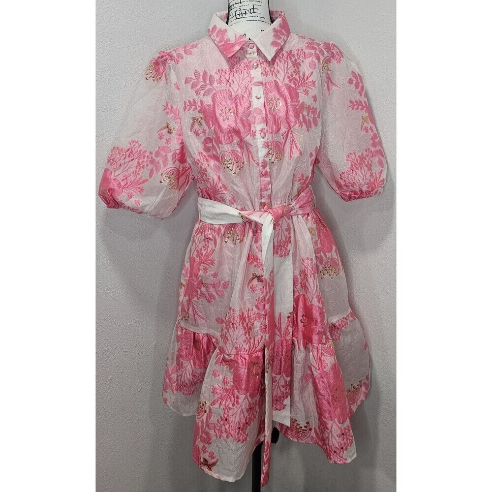 Gingham & Heels Glazer Pink Brocade Embroidered Floral Mini Belt Dress Size 16 - Picture 3 of 16